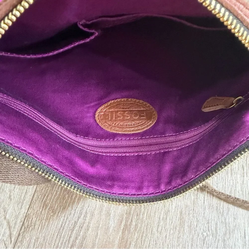 Fossil Erin Canvas and Leather Top Zip Crossbody Handbag Adjustable Pink Brown - Picture 7 of 15
